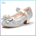 ვერცხლისფერი ფეხსაცმელი ბაფთით, საბავშვო ფეხსაცმელი, ქუსლიანი ფეხსაცმელი ბავშვებისთვის