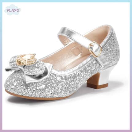 ვერცხლისფერი ფეხსაცმელი ბაფთით, საბავშვო ფეხსაცმელი, ქუსლიანი ფეხსაცმელი ბავშვებისთვის