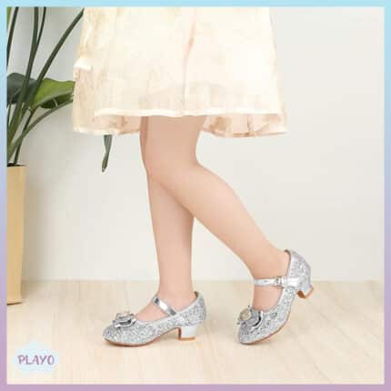 ვერცხლისფერი ფეხსაცმელი ბაფთით, საბავშვო ფეხსაცმელი, ქუსლიანი ფეხსაცმელი ბავშვებისთვის