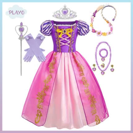 რაპუნცელის კაბა ბავშვებისთვის აქსესუარებით, რაპუნცელის კაბა ბავშვებისთვის, საბავშვო პრინცესას კოსტუმი,