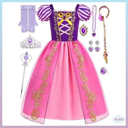 რაპუნცელის კაბა ბავშვებისთვის აქსესუარებით, რაპუნცელის კაბა ბავშვებისთვის, პრინცესების კაბები, რაპუნცელის ფორმა