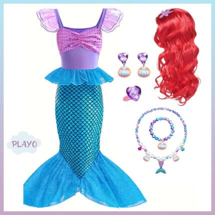 ქალთევზას ფორმა აქსესუარებით - არიელის კოსტუმი, ქალთევზას კაბა, ქალთევზას საბავშვო კოსტუმი