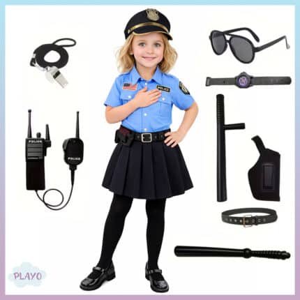 პოლიციელის ფორმა გოგონებისთვის აქსესუარებით, საბავშვო პოლიციელის კოსტუმი გოგონასთვის, პოლიციელის კოსტუმი გოგონებისთვის, პოლიციელის ფორმა
