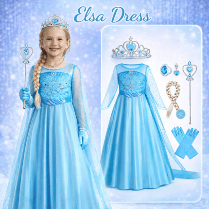 ელზას კაბა ატლასის - "Frozen", ელზას ატლასის კაბა და აქსესუარები, ელზას კოსტუმი გოგონებისთვის, დისნეის ელზას კაბა "Frozen",