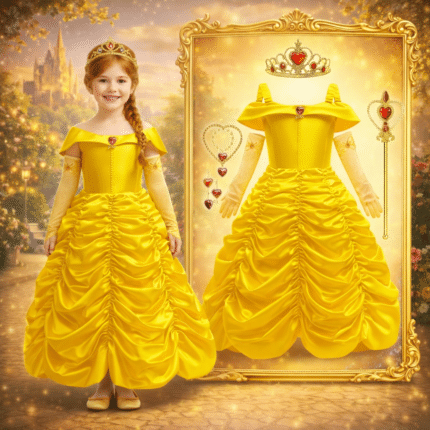 ბელის კაბა აქსესუარებით, ბელის კაბა, პრინცესა ბელის კაბა, ბელის კაბა ბავშვებისთვის